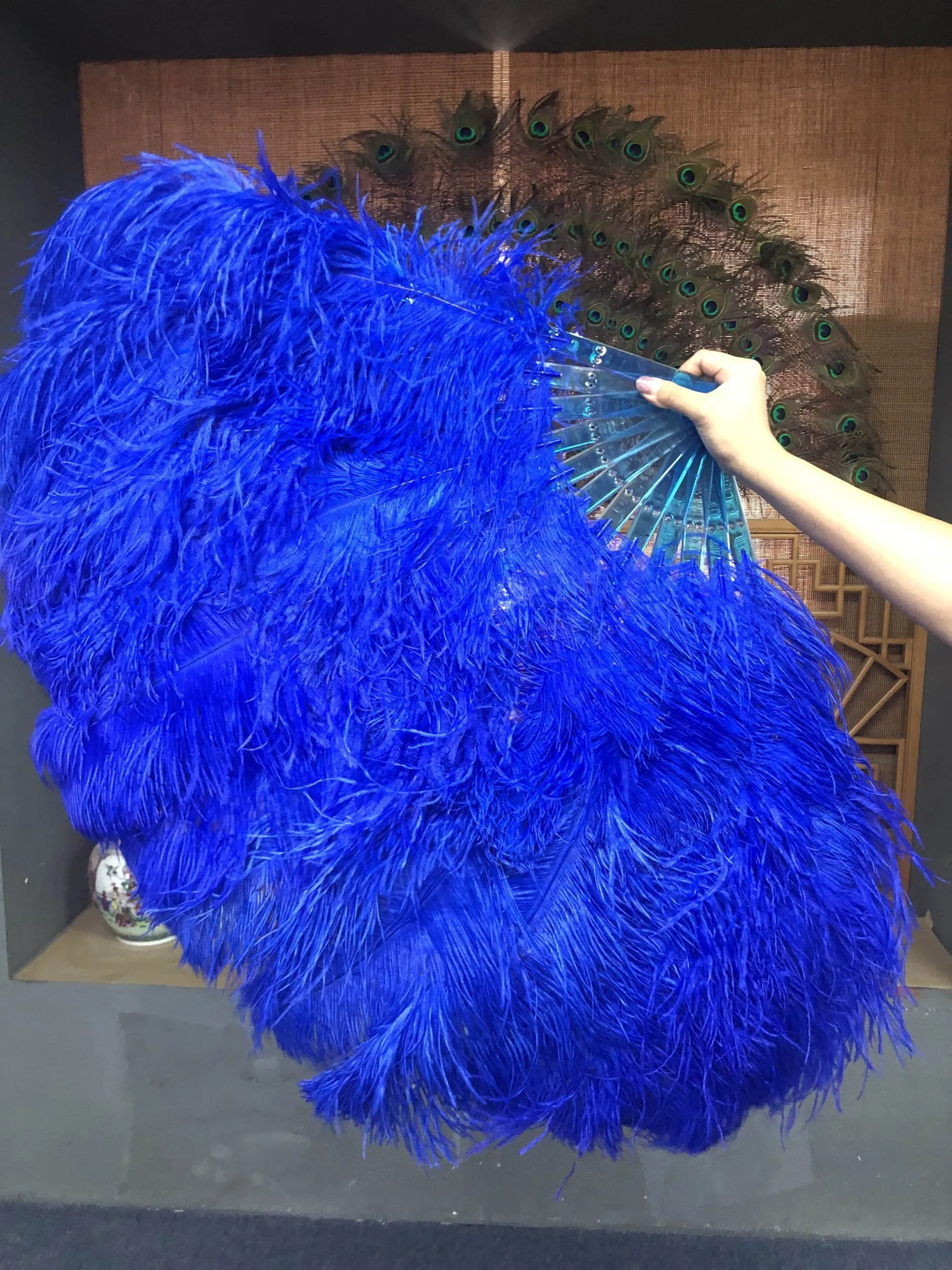 Royal blue intermediate 2 layers Ostrich Feather Fan 30"x 54"