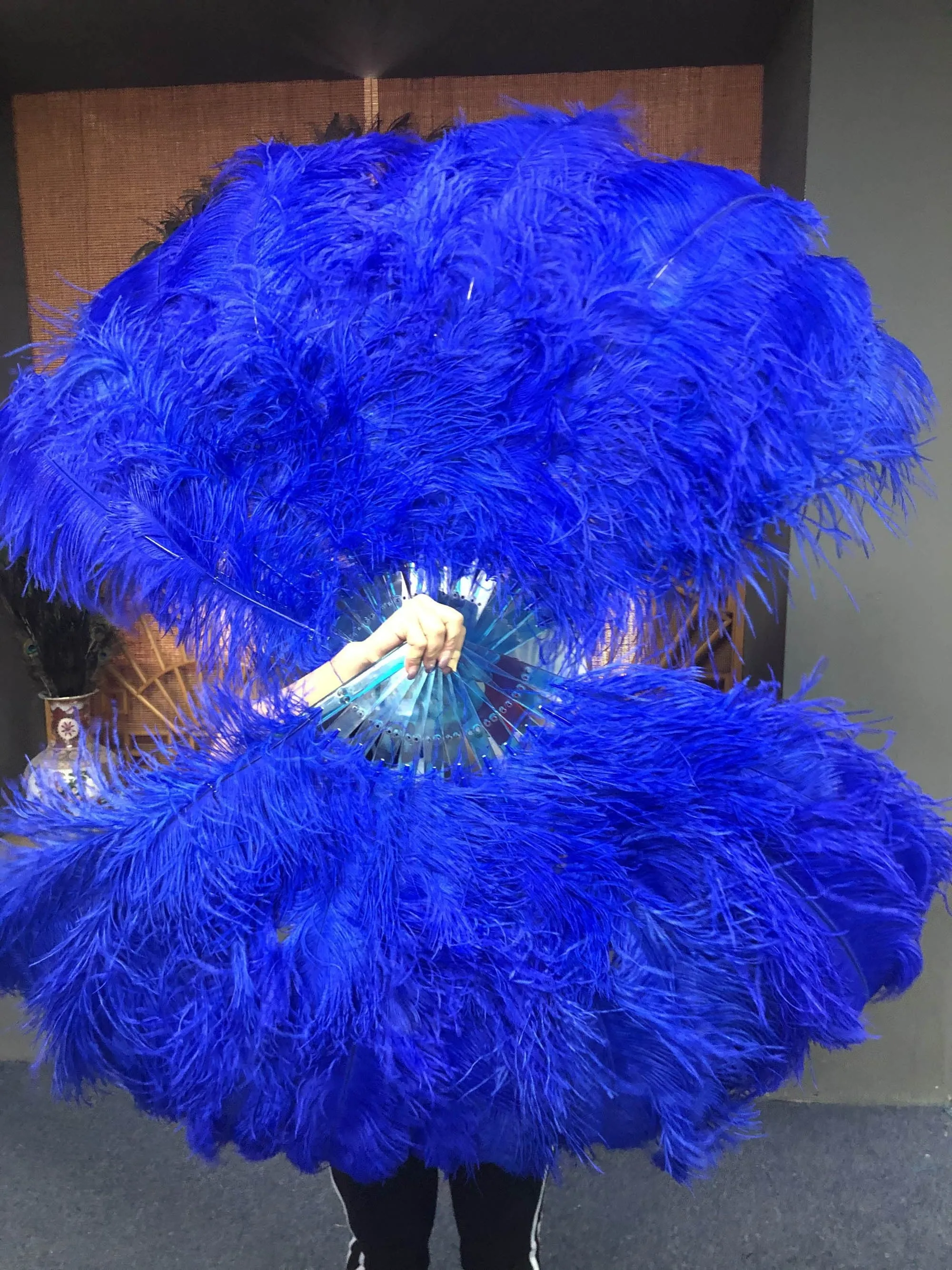 Royal blue intermediate 2 layers Ostrich Feather Fan 30"x 54"