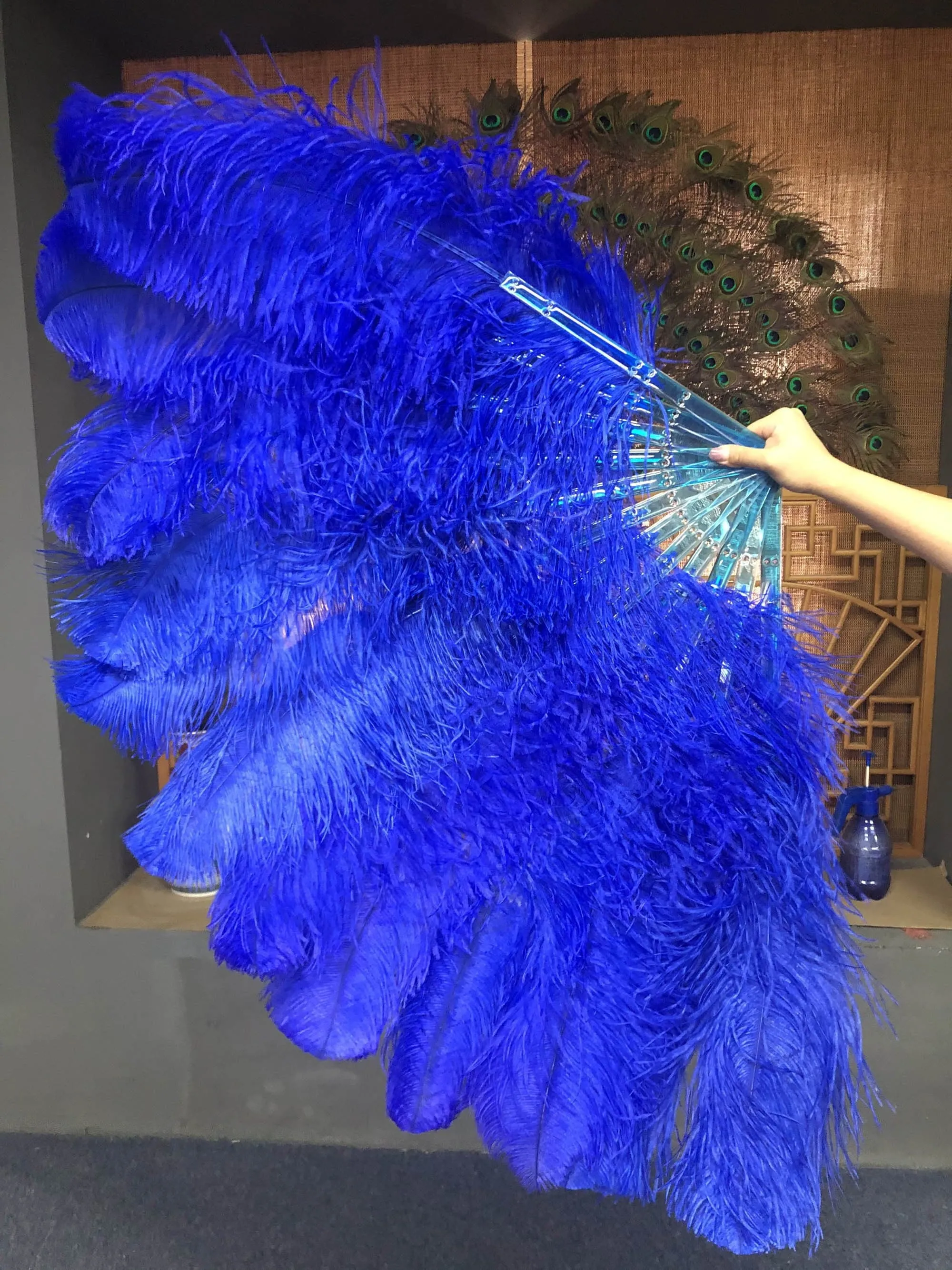 Royal blue intermediate 2 layers Ostrich Feather Fan 30"x 54"