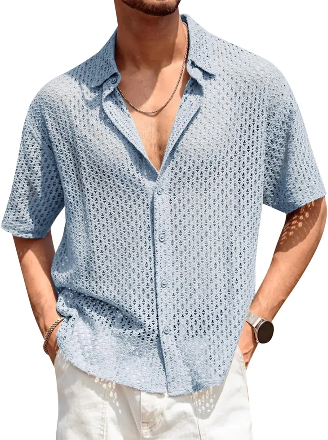 Runcati Mens Button Down Shirt Knit Crochet Hollow Out Short Sleeve Sweater Casual Summer Tops