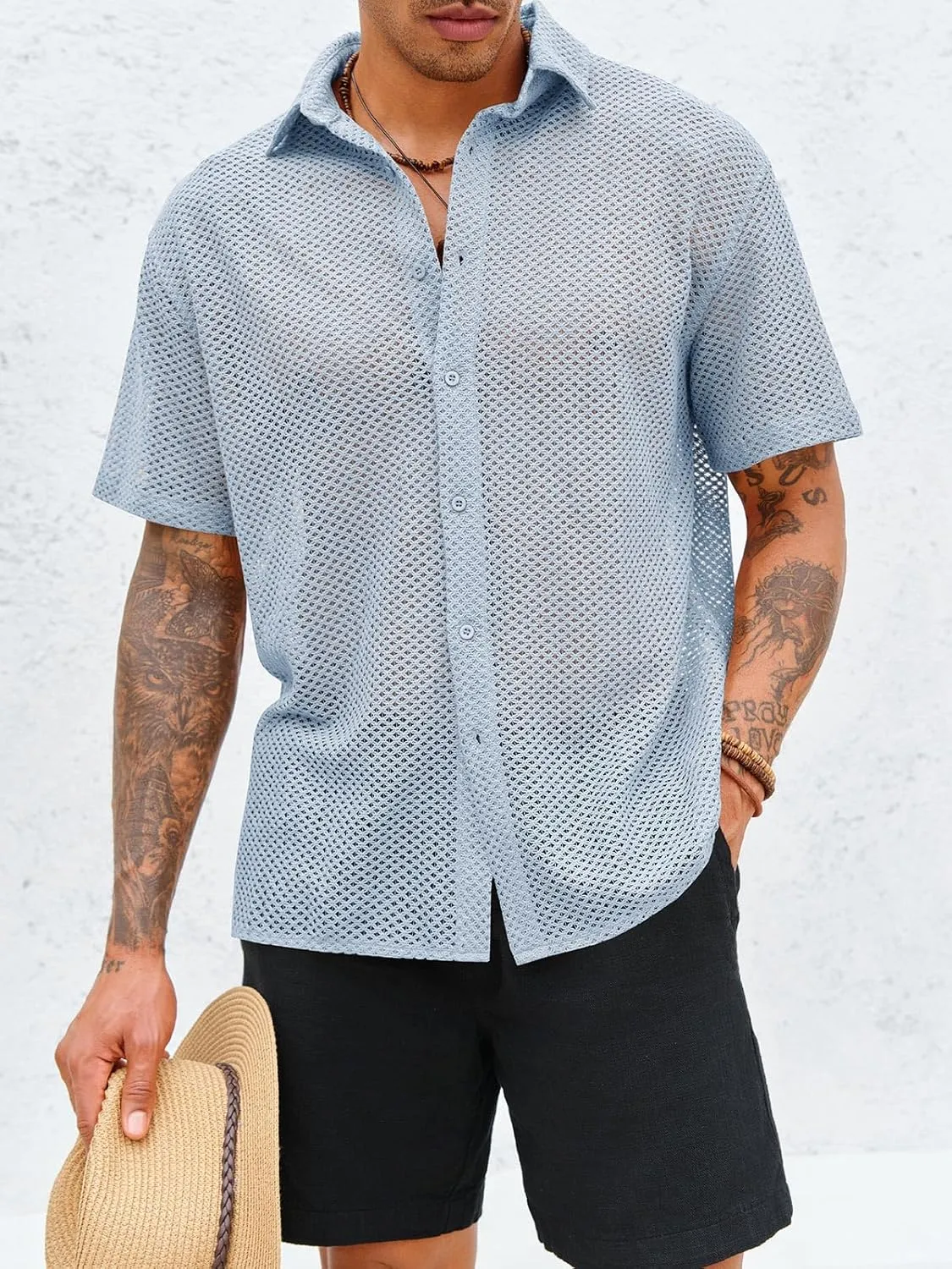 Runcati Mens Button Down Shirt Knit Crochet Hollow Out Short Sleeve Sweater Casual Summer Tops