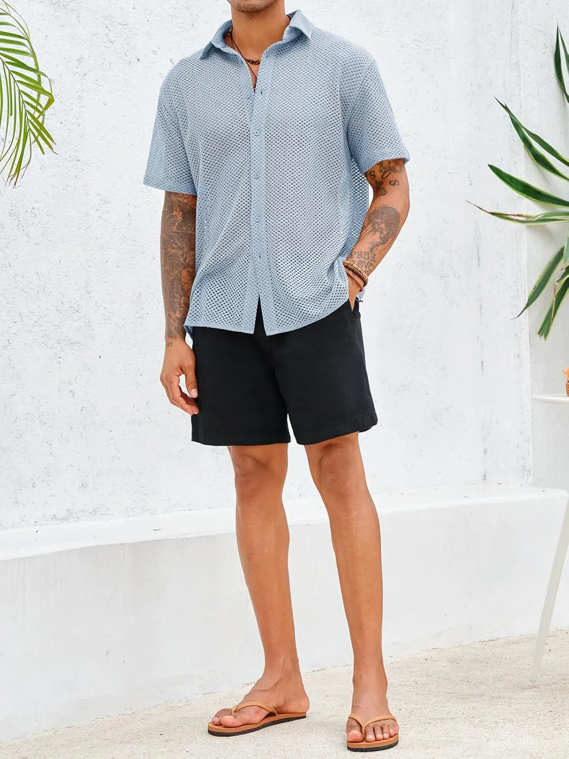 Runcati Mens Button Down Shirt Knit Crochet Hollow Out Short Sleeve Sweater Casual Summer Tops