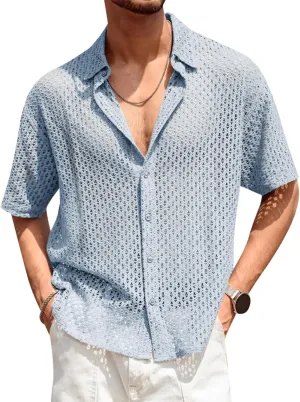 Runcati Mens Button Down Shirt Knit Crochet Hollow Out Short Sleeve Sweater Casual Summer Tops
