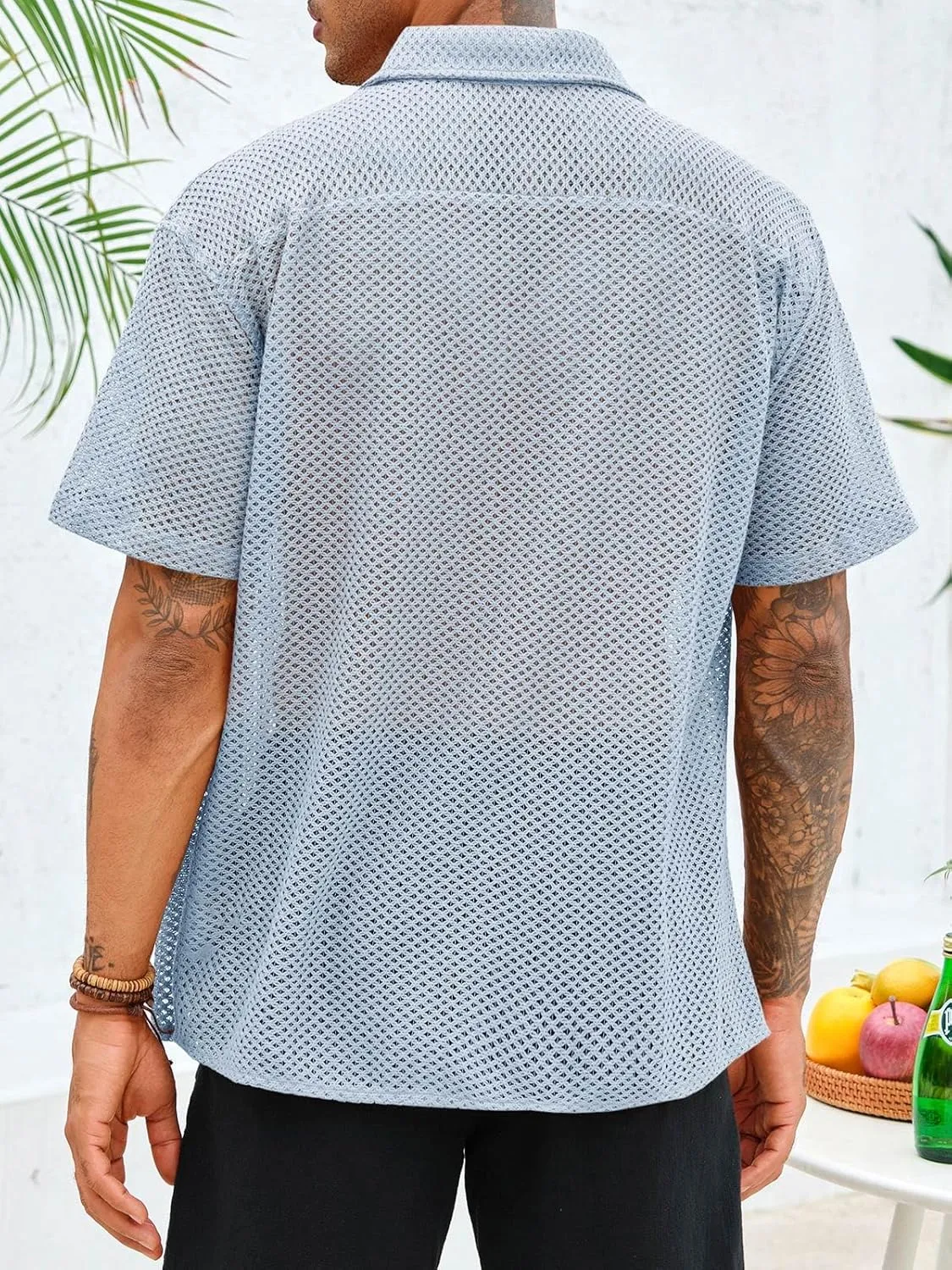 Runcati Mens Button Down Shirt Knit Crochet Hollow Out Short Sleeve Sweater Casual Summer Tops