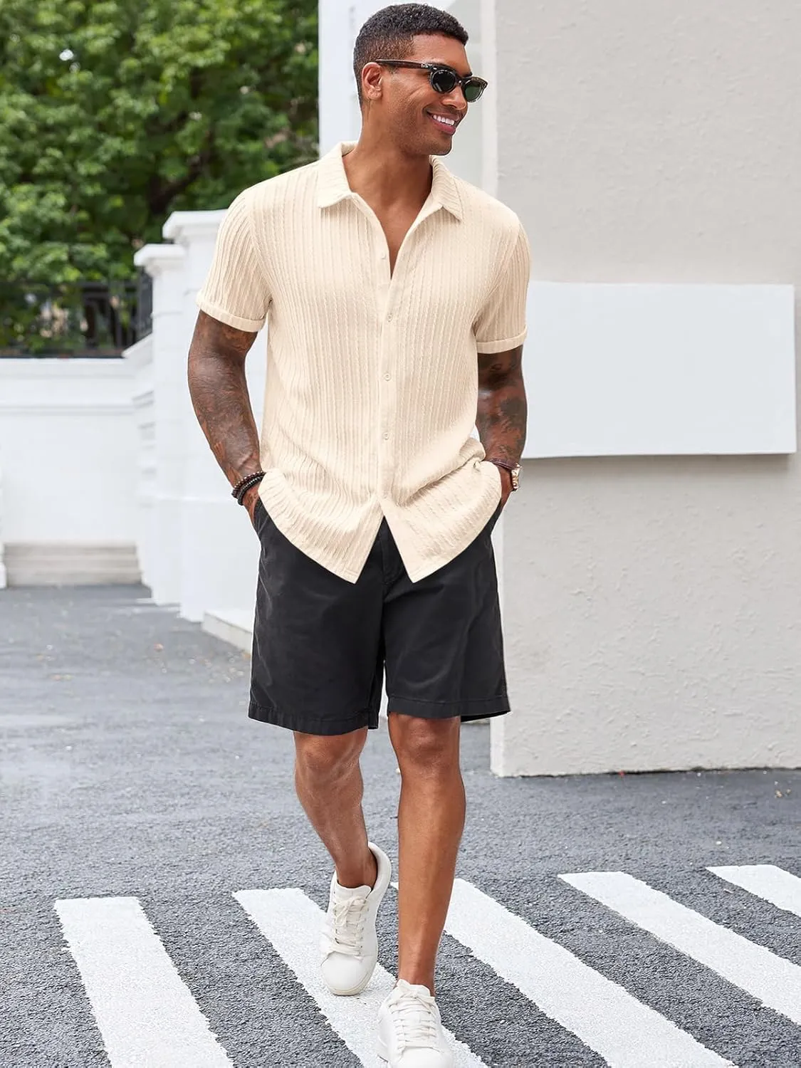 Runcati Men's Casual Button Down Shirts Short Sleeve Textured Shirt Summer Beach Tops