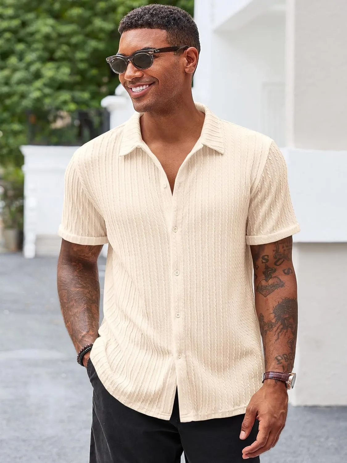Runcati Men's Casual Button Down Shirts Short Sleeve Textured Shirt Summer Beach Tops