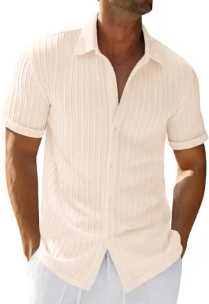 Runcati Men's Casual Button Down Shirts Short Sleeve Textured Shirt Summer Beach Tops
