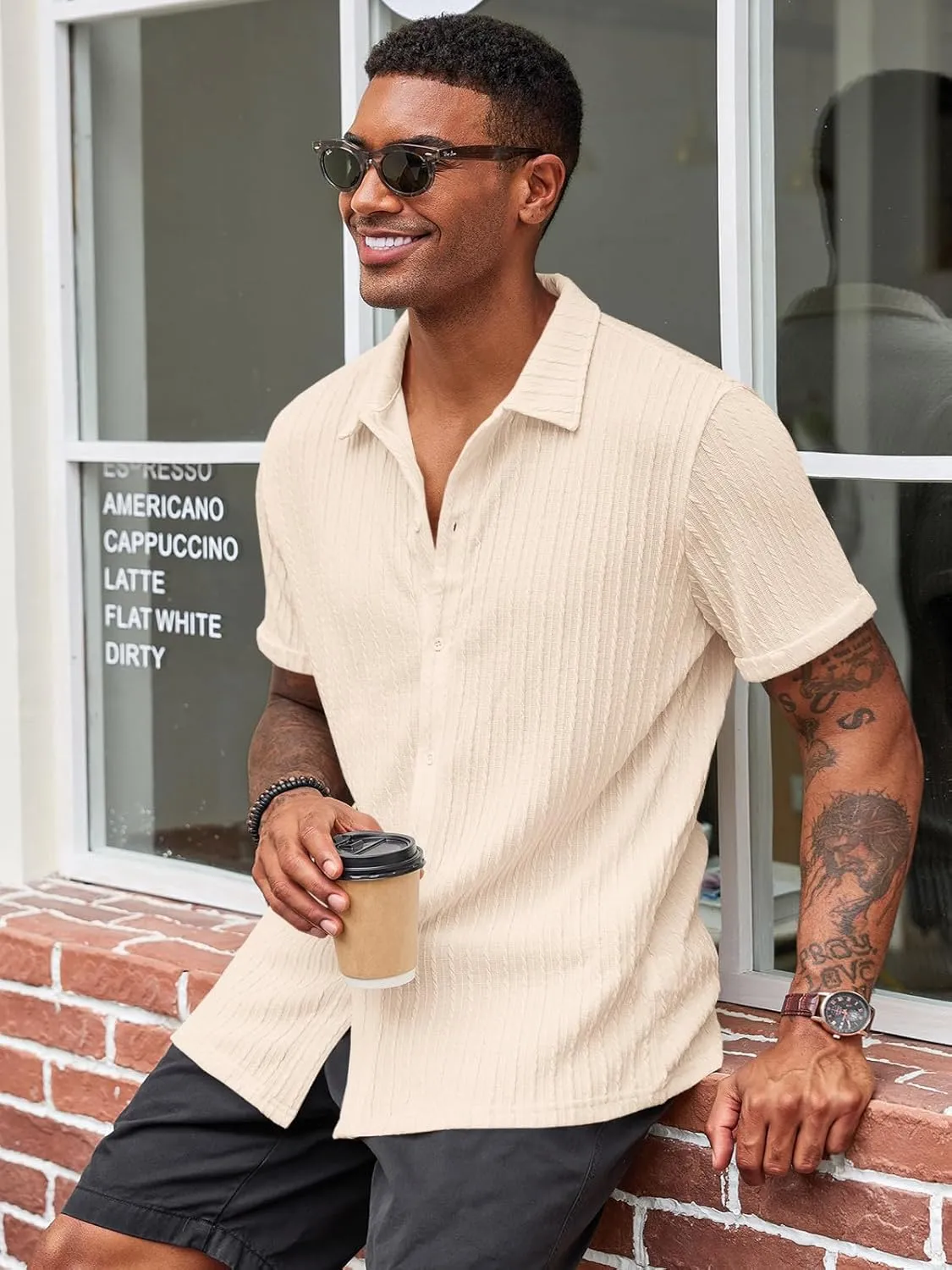 Runcati Men's Casual Button Down Shirts Short Sleeve Textured Shirt Summer Beach Tops