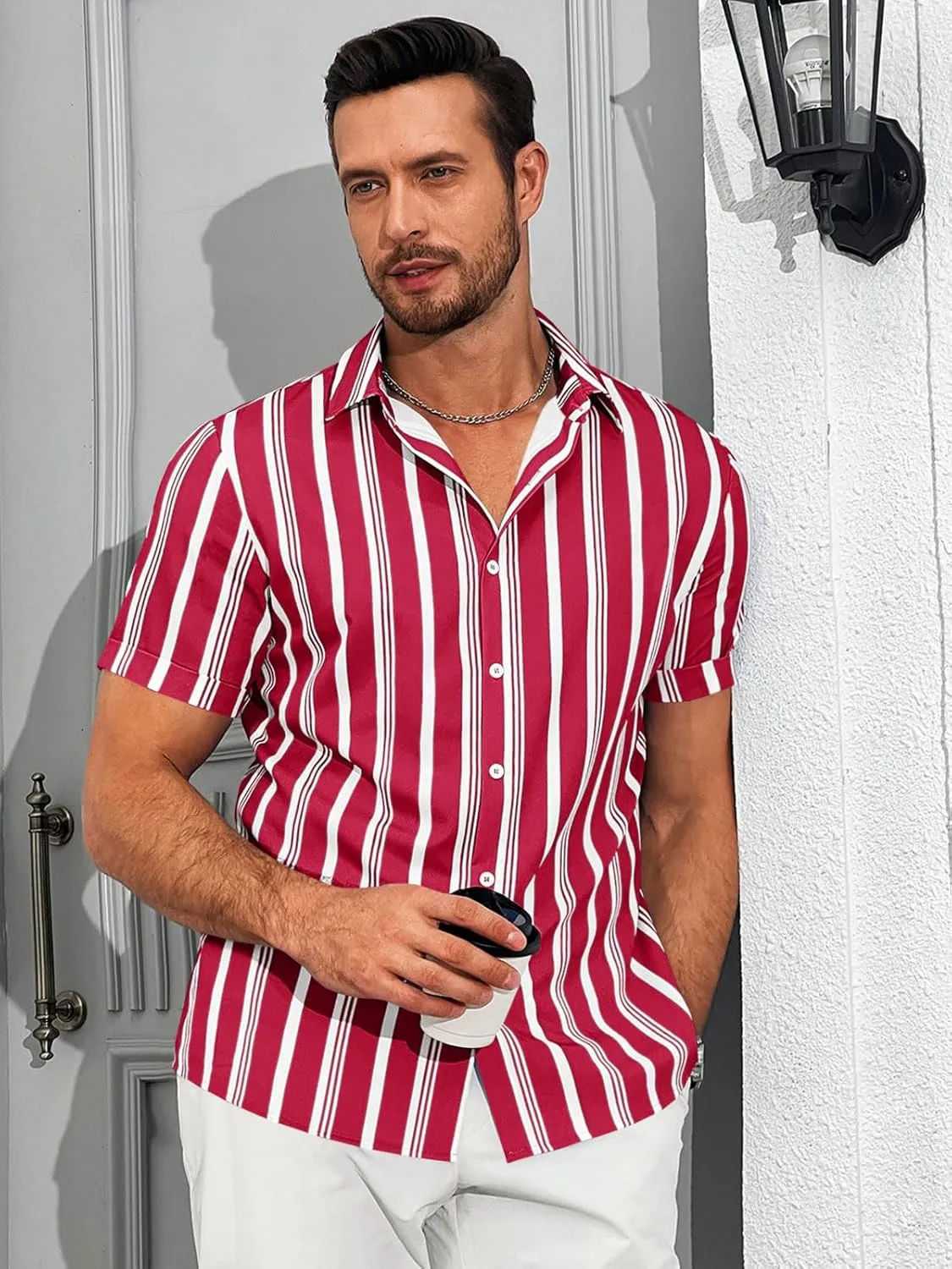Runcati Mens Casual Striped Shirts Button Down Short Sleeve Summer Hawaiian Shirt Hippie Beach Vacation Tops