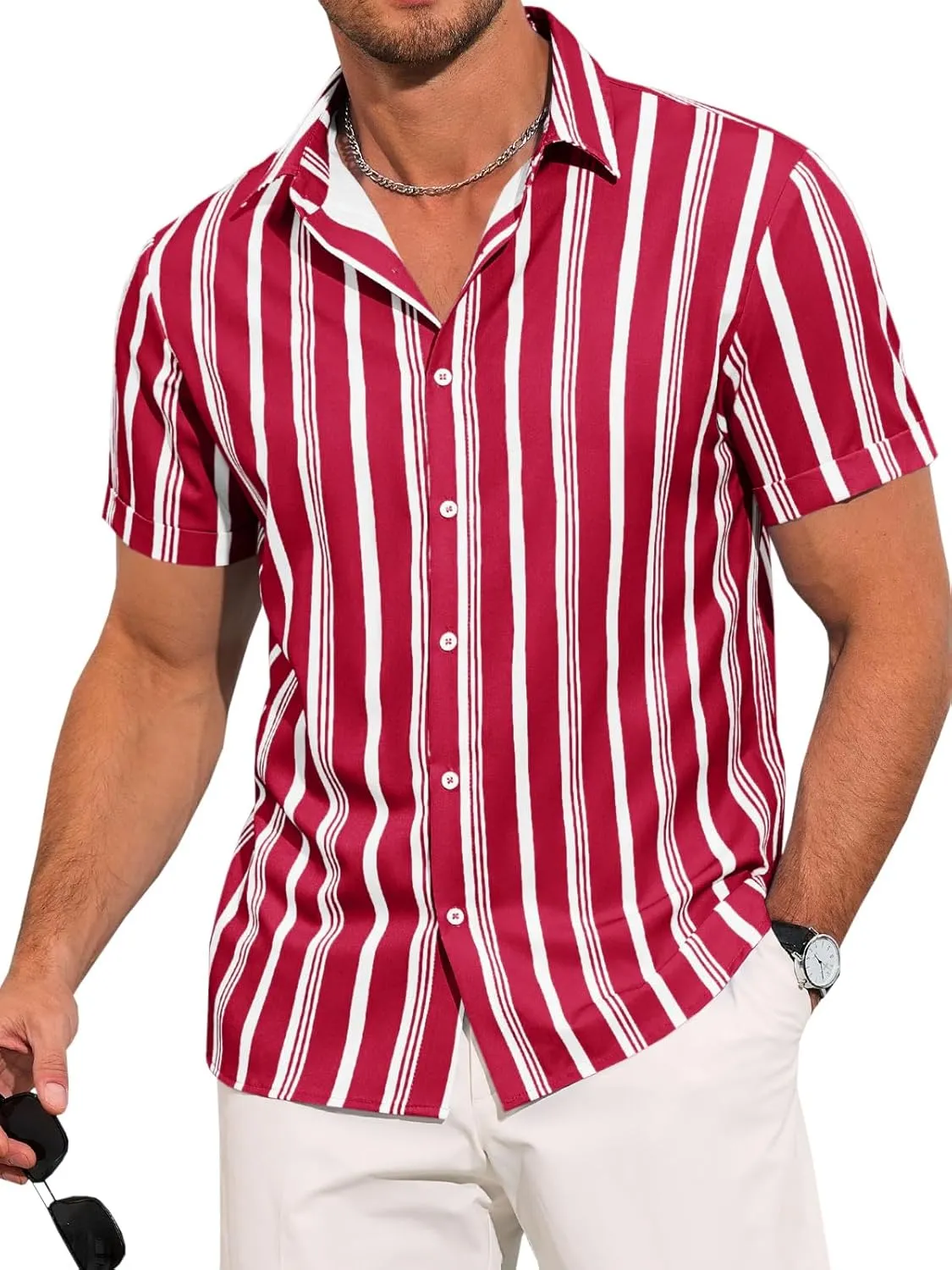 Runcati Mens Casual Striped Shirts Button Down Short Sleeve Summer Hawaiian Shirt Hippie Beach Vacation Tops