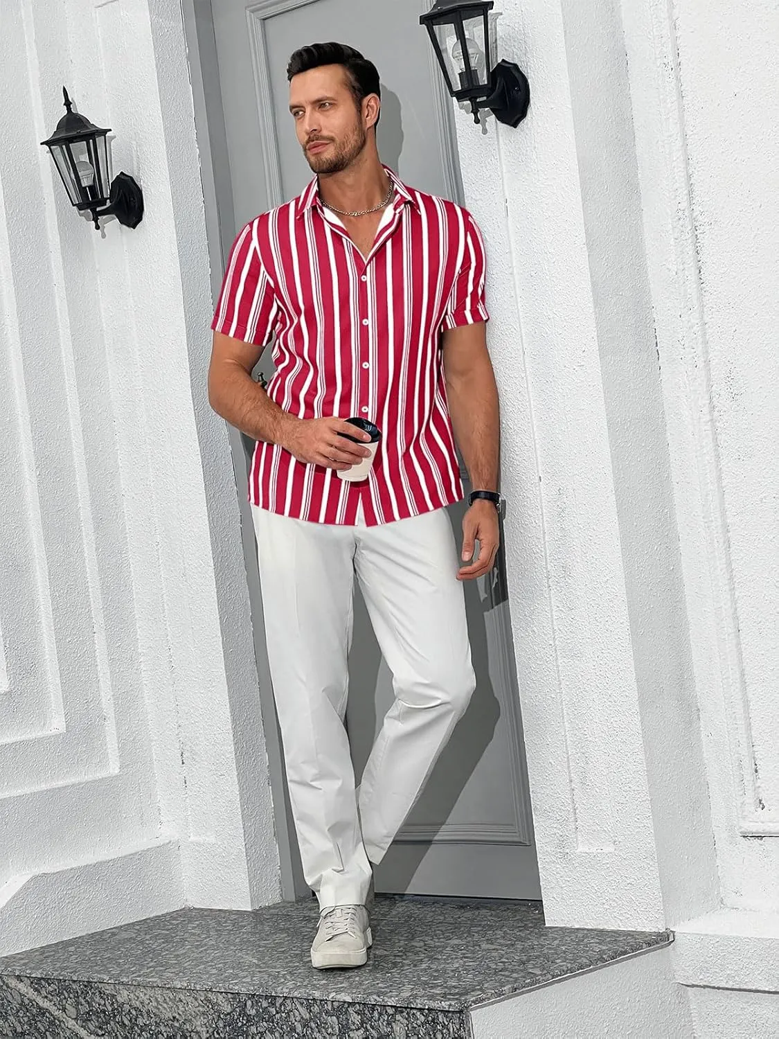 Runcati Mens Casual Striped Shirts Button Down Short Sleeve Summer Hawaiian Shirt Hippie Beach Vacation Tops