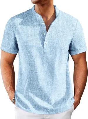 Runcati Mens Henley Shirts Short Sleeve Casual Linen Band Collar T-Shirt Summer Beach Vacation Tops
