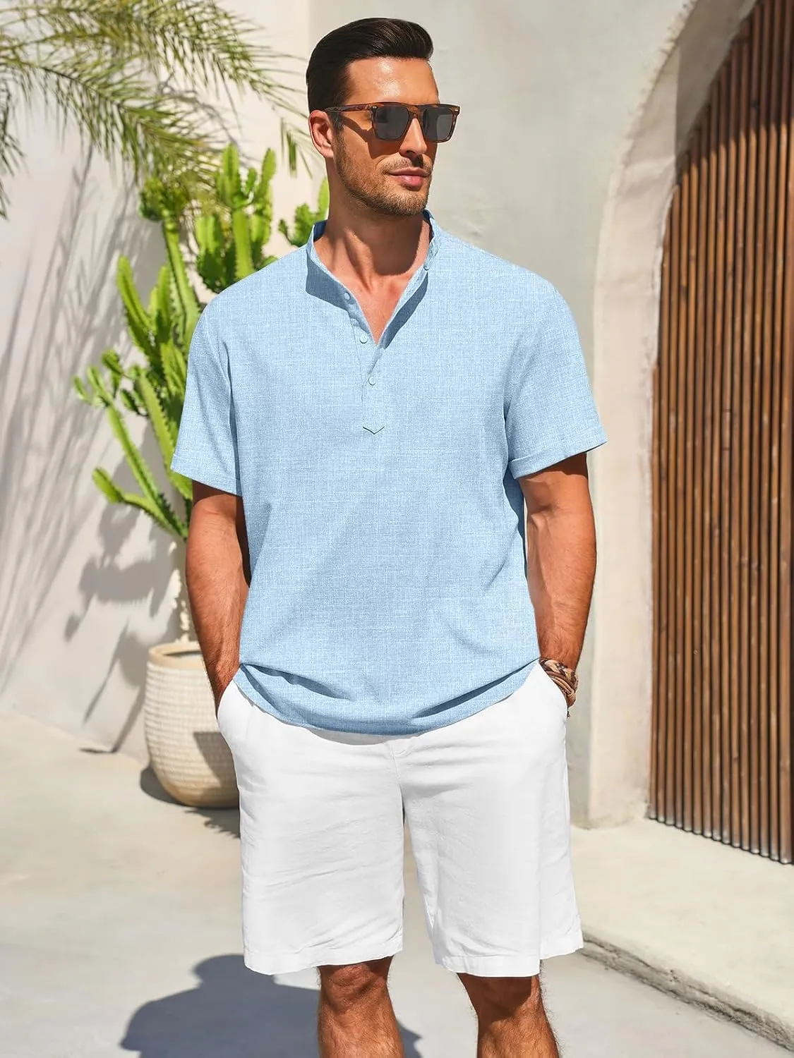 Runcati Mens Henley Shirts Short Sleeve Casual Linen Band Collar T-Shirt Summer Beach Vacation Tops