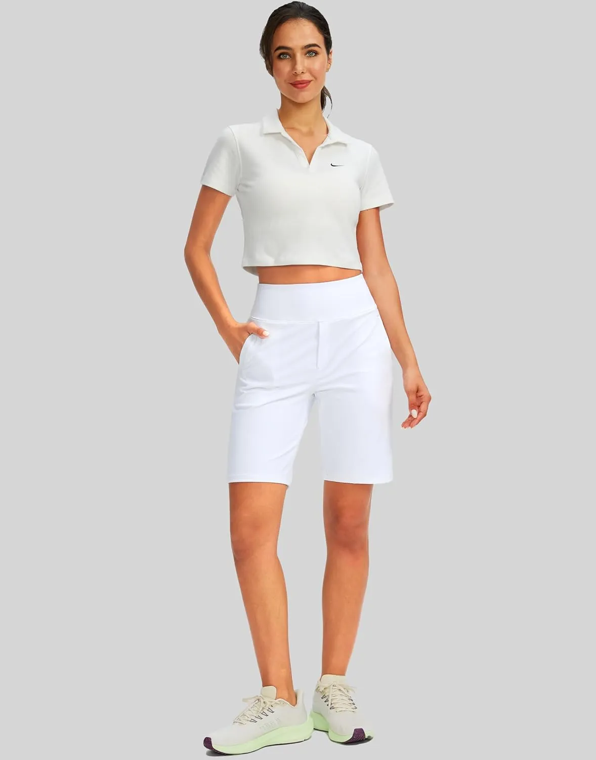 SANTINY Women's 9" High Waisted Bermuda Shorts with 4 Pockets Knee Length Long Shorts for Women Workout Athletic Casual