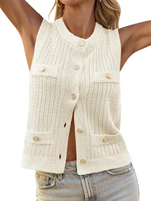 Saodimallsu Womens Cable Knit Sweater Vest Button Down Sleeveless Crop Tank Tops Crew Neck Summer Cardigans