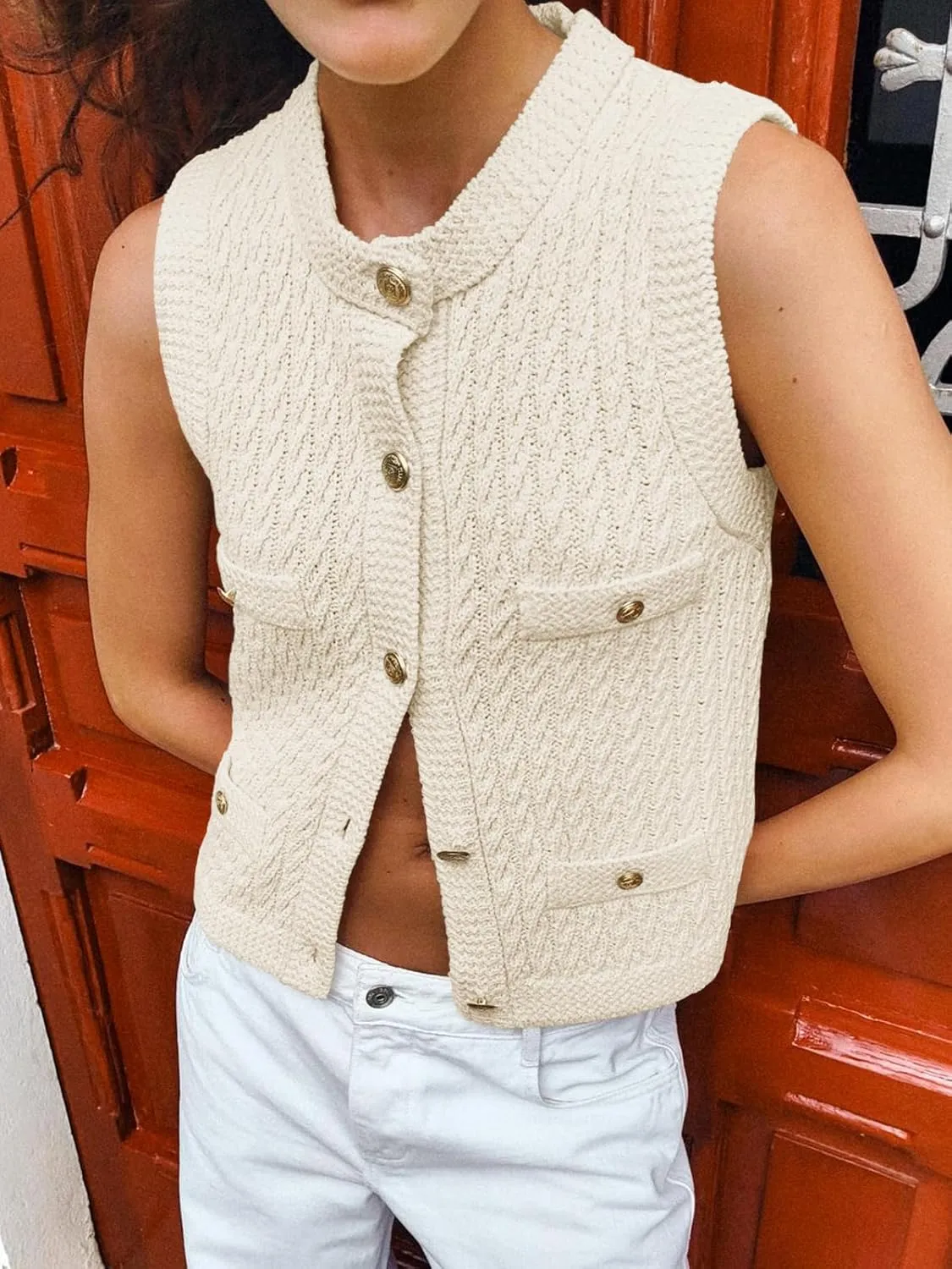 Saodimallsu Womens Cable Knit Sweater Vest Button Down Sleeveless Crop Tank Tops Crew Neck Summer Cardigans