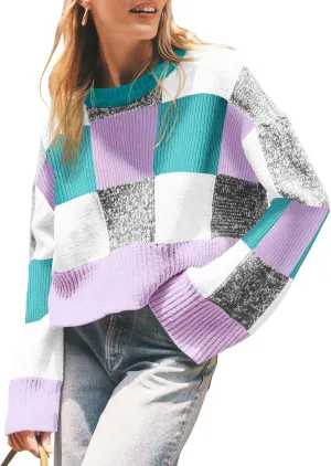 Saodimallsu Womens Checkered Sweater Cropped Oversized Trendy Fall Crew Neck Color Block Pullover Sweaters