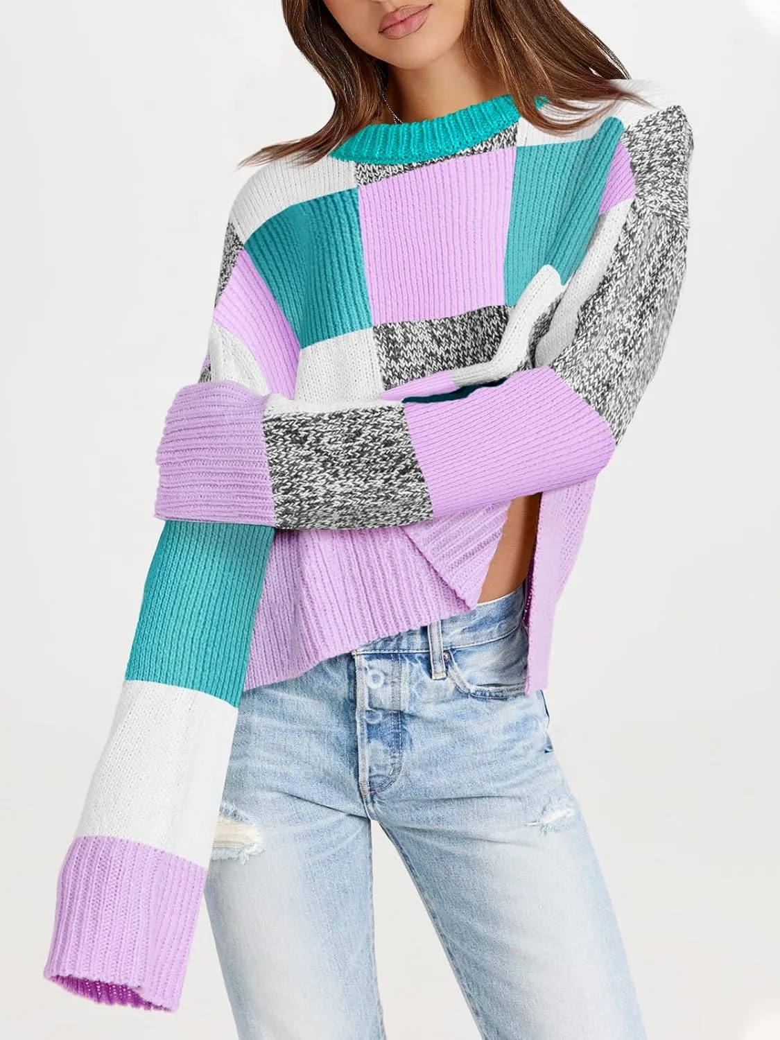 Saodimallsu Womens Checkered Sweater Cropped Oversized Trendy Fall Crew Neck Color Block Pullover Sweaters