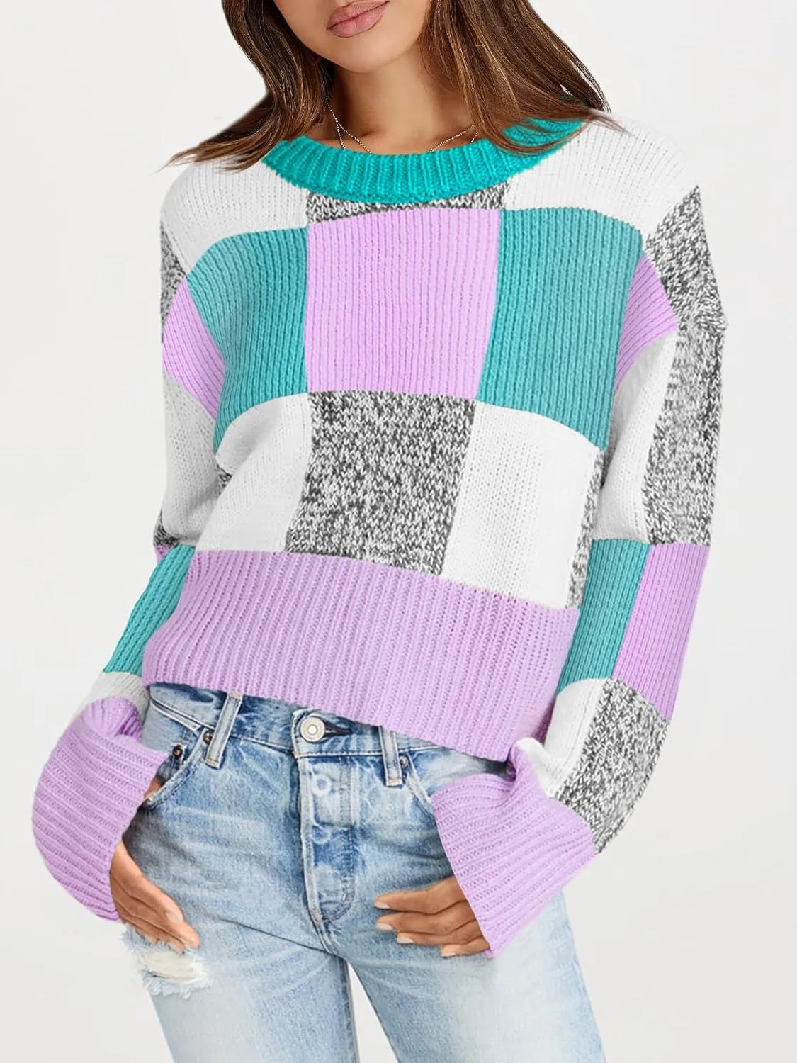 Saodimallsu Womens Checkered Sweater Cropped Oversized Trendy Fall Crew Neck Color Block Pullover Sweaters