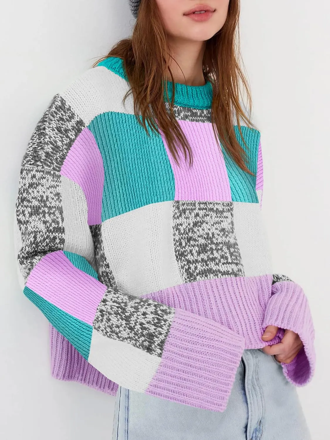 Saodimallsu Womens Checkered Sweater Cropped Oversized Trendy Fall Crew Neck Color Block Pullover Sweaters