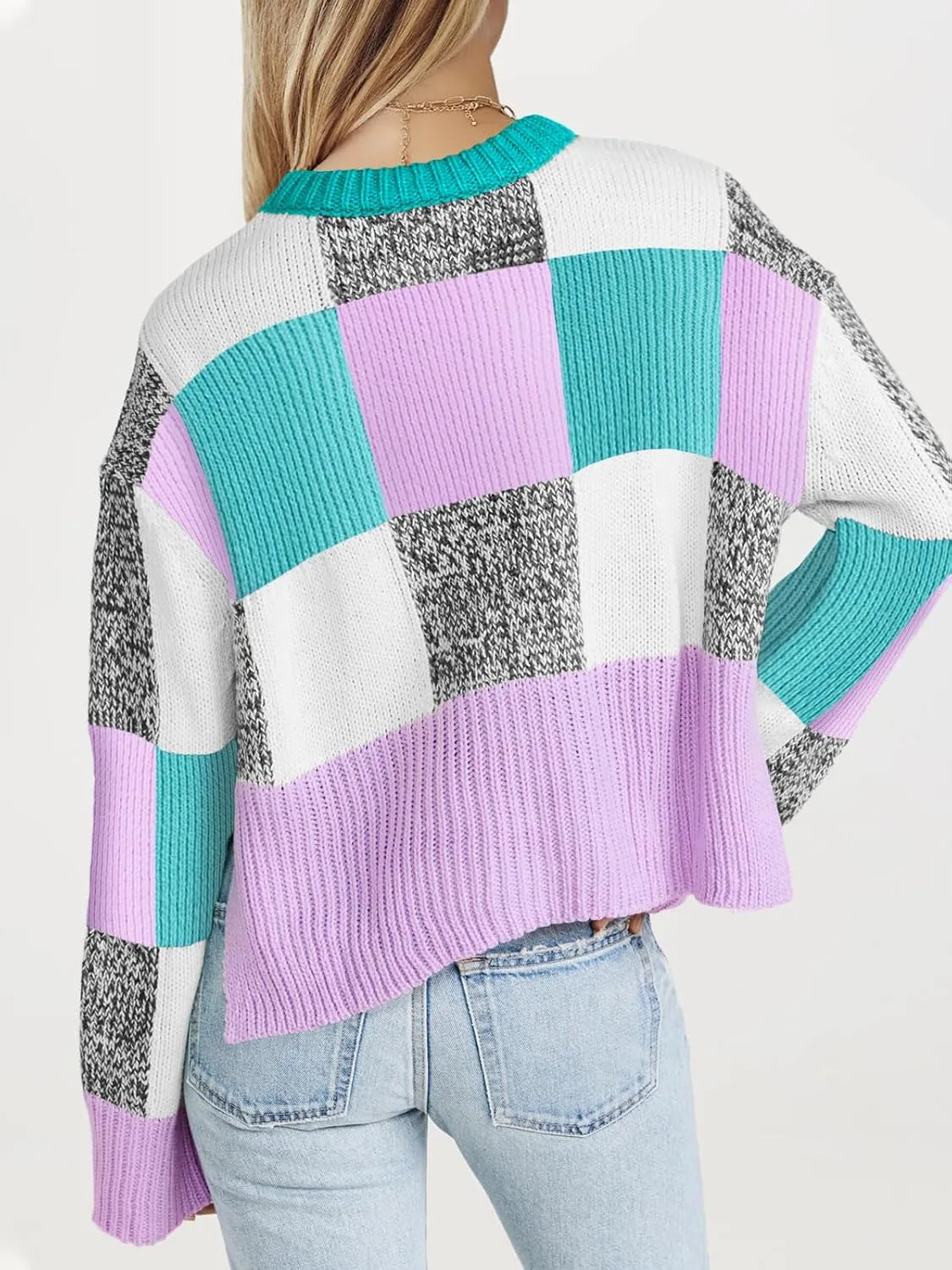 Saodimallsu Womens Checkered Sweater Cropped Oversized Trendy Fall Crew Neck Color Block Pullover Sweaters