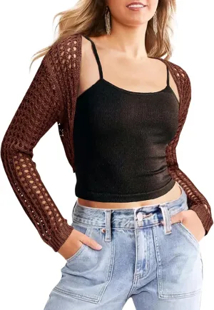 Saodimallsu Womens Crochet Bolero Shrug Sweaters Cropped Lightweight Cardigan Long Sleeve Mesh Knit Y2k Crop Tops