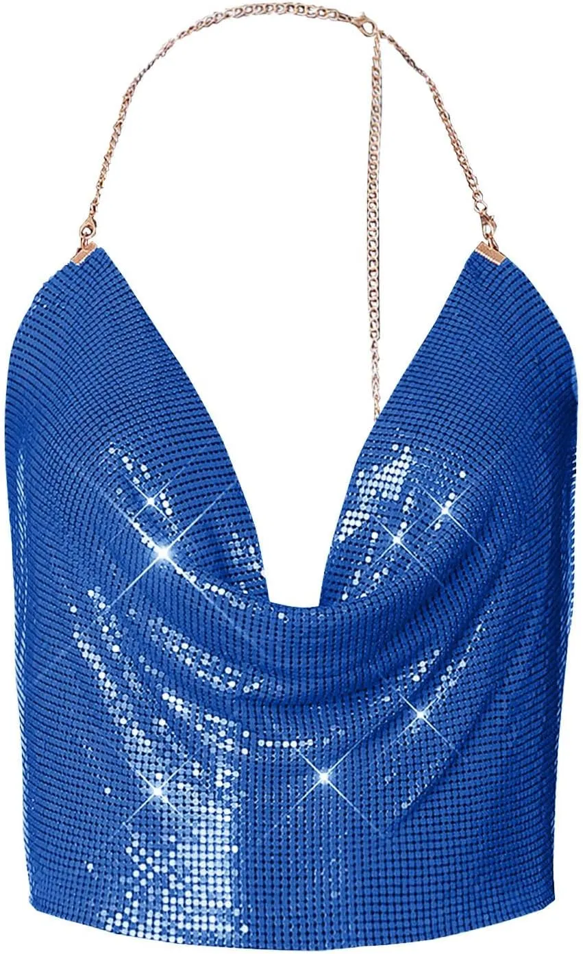 Sequin Crop Tank Tops Womens Sexy Deep V Backless Halter Chain Cami Tops Shiny Rhinestone Camisole for Party Night Club
