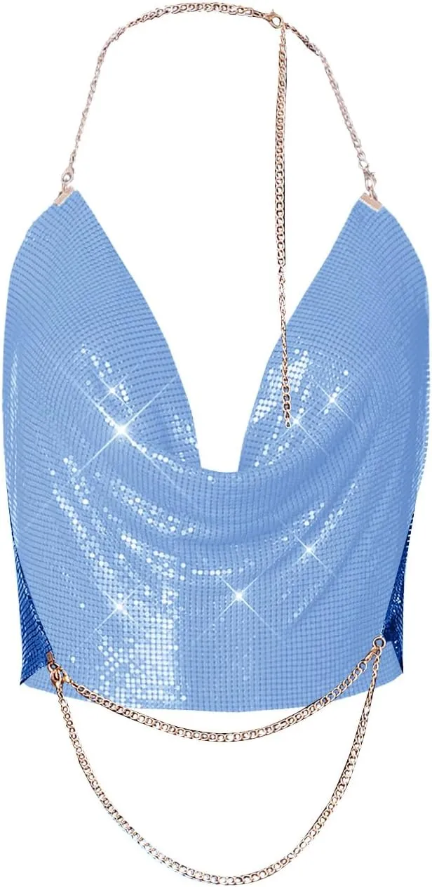 Sequin Crop Tank Tops Womens Sexy Deep V Backless Halter Chain Cami Tops Shiny Rhinestone Camisole for Party Night Club