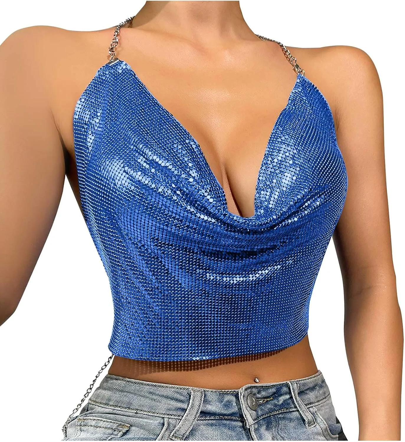 Sequin Crop Tank Tops Womens Sexy Deep V Backless Halter Chain Cami Tops Shiny Rhinestone Camisole for Party Night Club