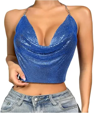 Sequin Crop Tank Tops Womens Sexy Deep V Backless Halter Chain Cami Tops Shiny Rhinestone Camisole for Party Night Club