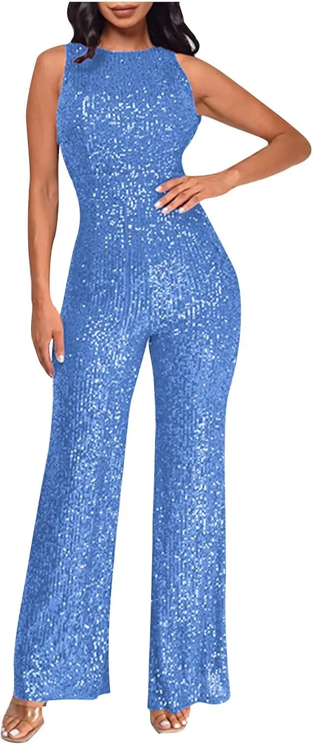 Sequin Halter Jumpsuit for Women Y2K Fashion Streetwear Athletic Dressy Party Romper Sexy Sleeveless V Neck Overalls