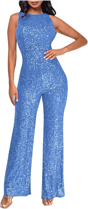 Sequin Halter Jumpsuit for Women Y2K Fashion Streetwear Athletic Dressy Party Romper Sexy Sleeveless V Neck Overalls