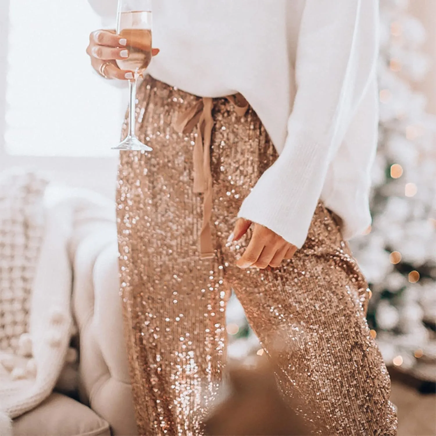 Sequin Joggers for Women Casual Drawstring Elastic Sparkle Glitter High Waist Pencil Pants Trousers Clubwear Pants