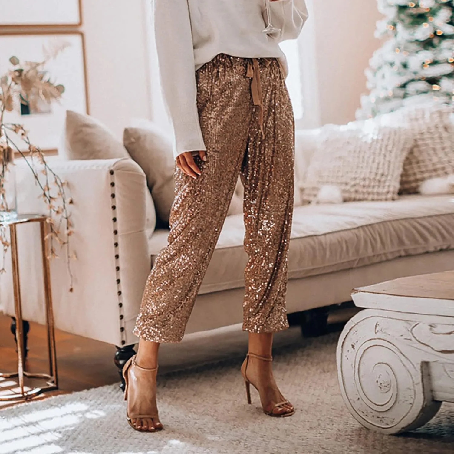 Sequin Joggers for Women Casual Drawstring Elastic Sparkle Glitter High Waist Pencil Pants Trousers Clubwear Pants