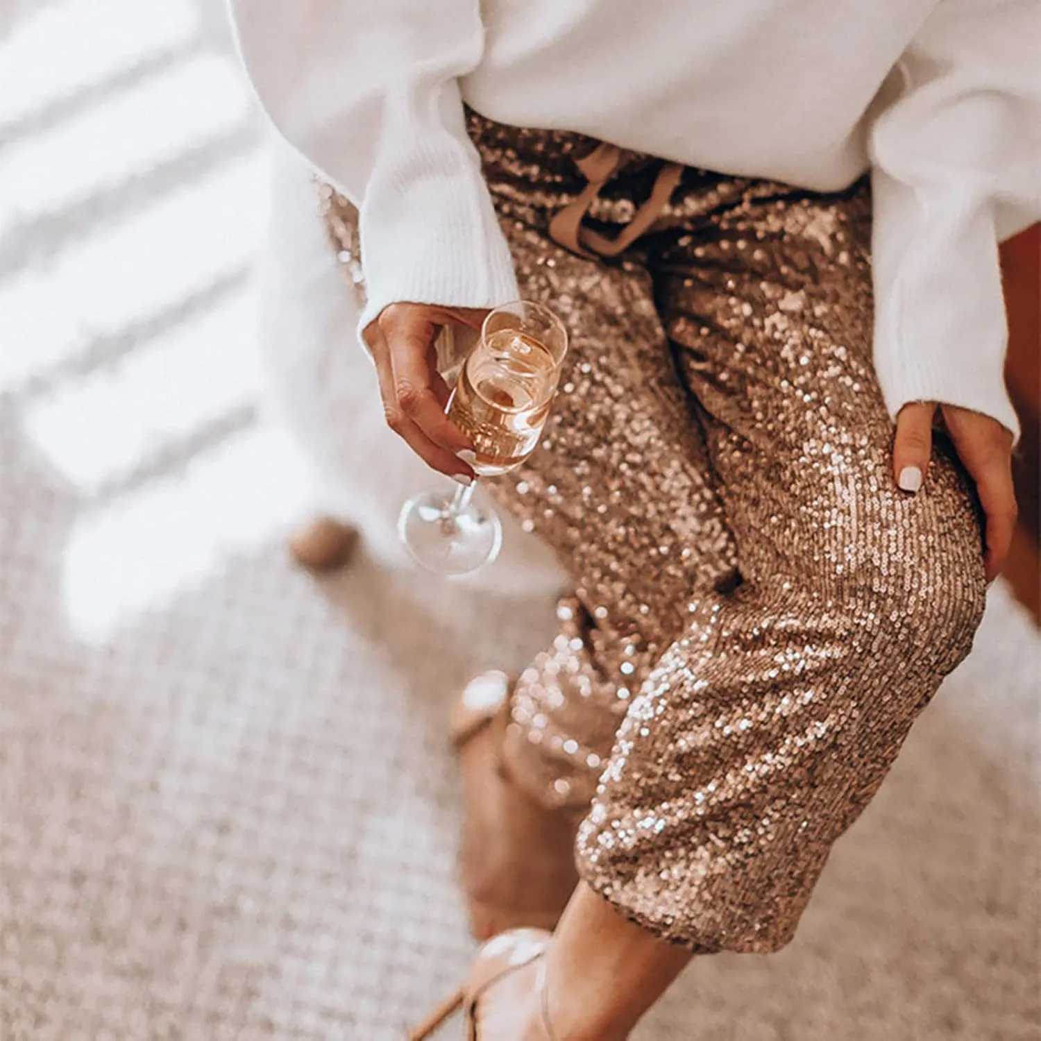 Sequin Joggers for Women Casual Drawstring Elastic Sparkle Glitter High Waist Pencil Pants Trousers Clubwear Pants