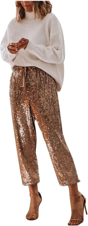 Sequin Joggers for Women Casual Drawstring Elastic Sparkle Glitter High Waist Pencil Pants Trousers Clubwear Pants