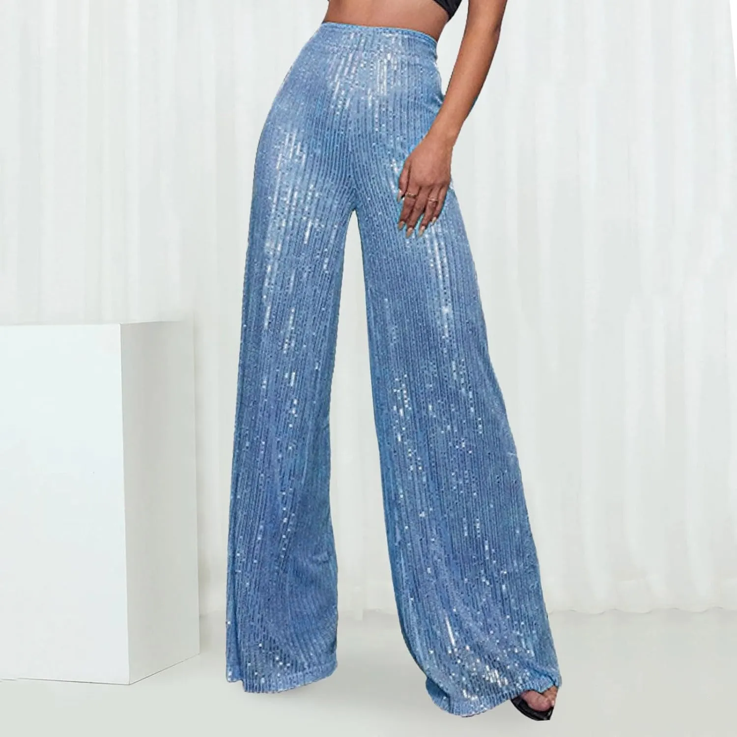 Sequin Pants Women Fashion High Waist Flowy Pants Sparkly Wide Leg Trousers Elastic Loose Side Zipper Shiny Pants