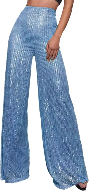 Sequin Pants Women Fashion High Waist Flowy Pants Sparkly Wide Leg Trousers Elastic Loose Side Zipper Shiny Pants