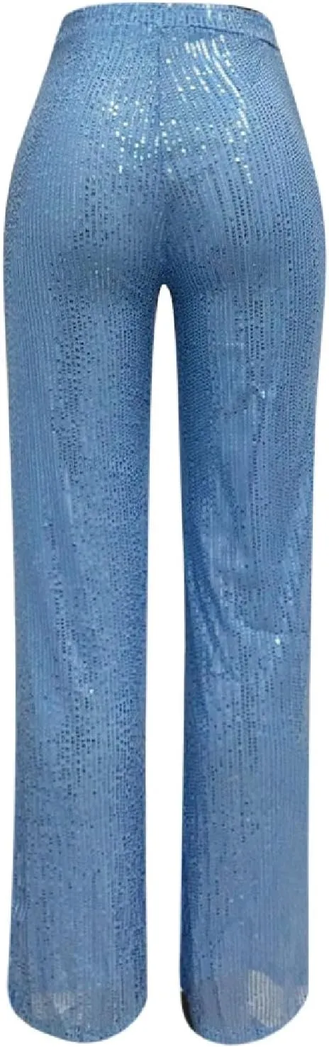 Sequin Pants Women Fashion High Waist Flowy Pants Sparkly Wide Leg Trousers Elastic Loose Side Zipper Shiny Pants