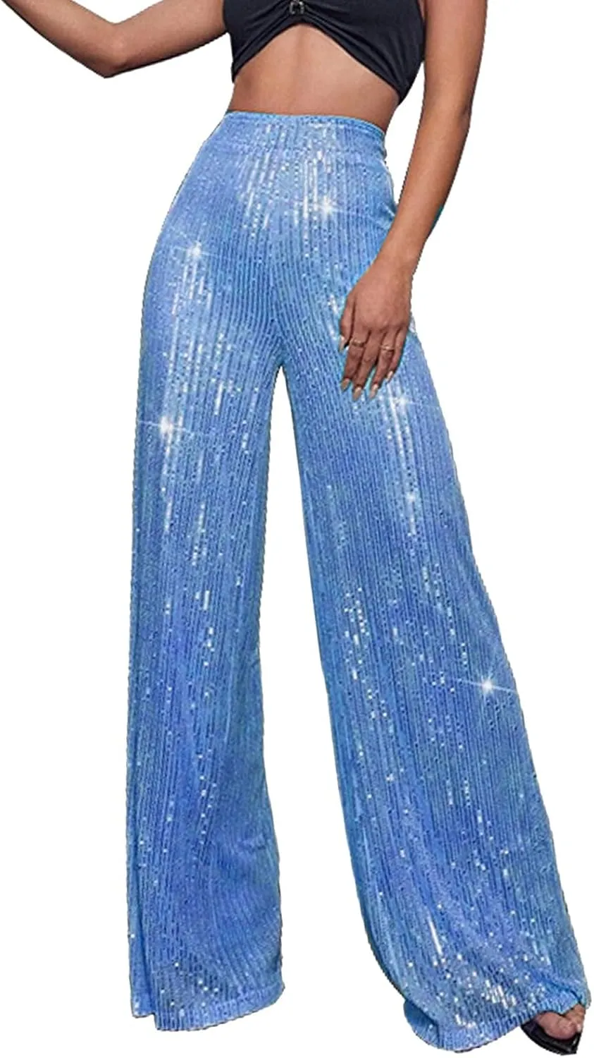 Sequin Pants Women Fashion High Waist Pant Sparkly Wide Leg Trousers Elastic Loose Side Zipper Shiny Pants