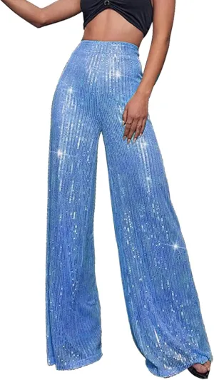 Sequin Pants Women Fashion High Waist Pant Sparkly Wide Leg Trousers Elastic Loose Side Zipper Shiny Pants