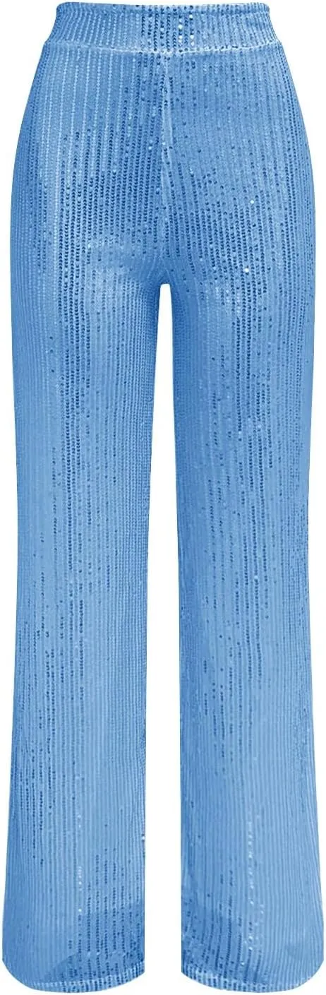Sequin Pants Women Fashion High Waist Pant Sparkly Wide Leg Trousers Elastic Loose Side Zipper Shiny Pants