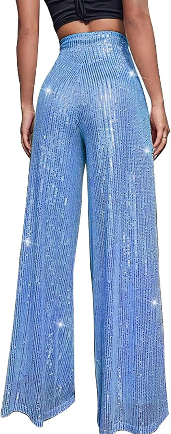 Sequin Pants Women Fashion High Waist Pant Sparkly Wide Leg Trousers Elastic Loose Side Zipper Shiny Pants