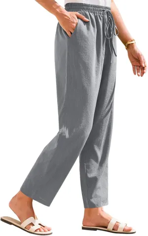 SGASY Women's Cotton Linen Straight Leg Pants Elastic Drawstring Casual Trousers with Pockets Summer Beach Lounge Trouser