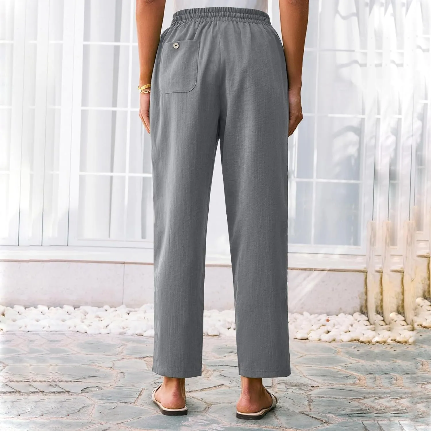 SGASY Women's Cotton Linen Straight Leg Pants Elastic Drawstring Casual Trousers with Pockets Summer Beach Lounge Trouser