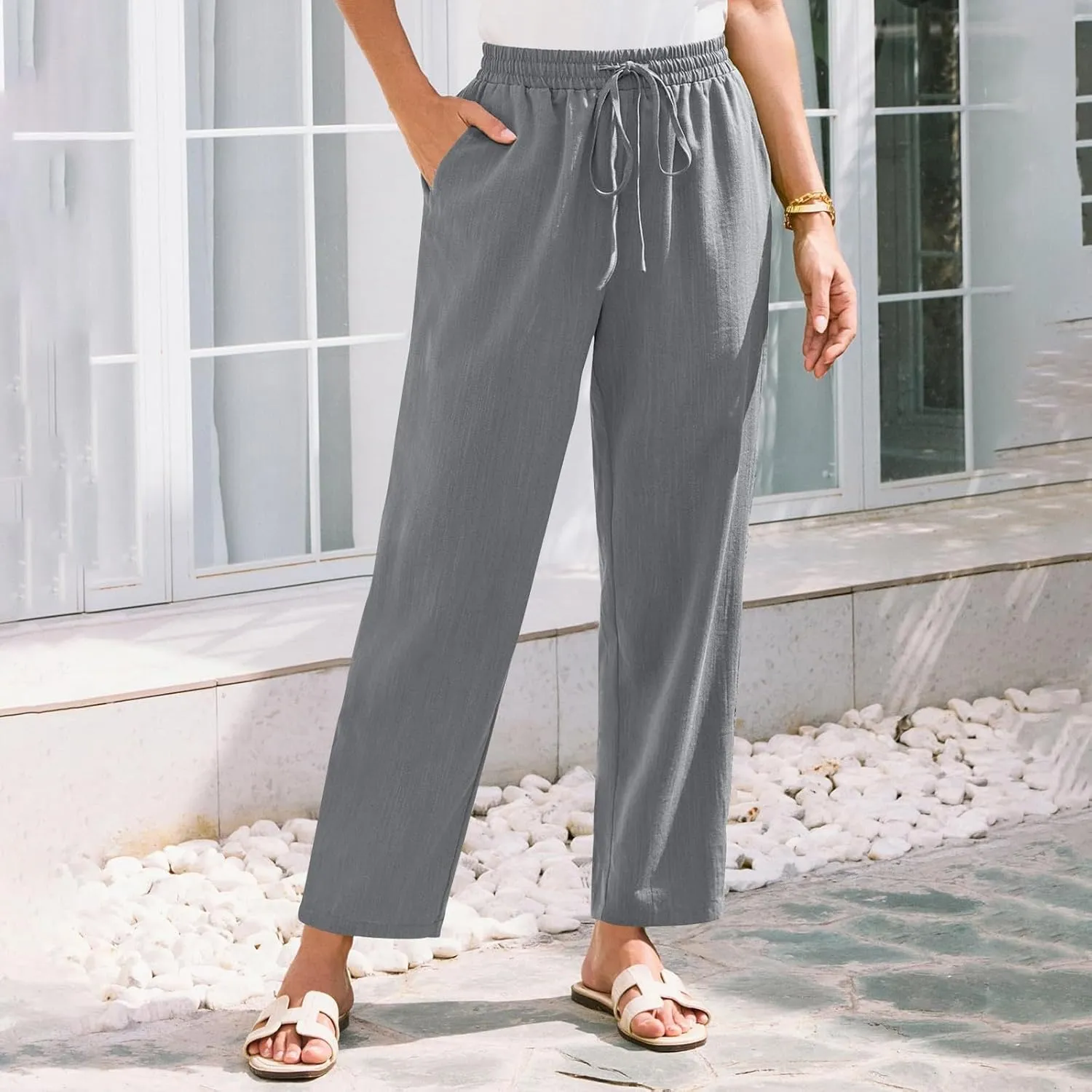 SGASY Women's Cotton Linen Straight Leg Pants Elastic Drawstring Casual Trousers with Pockets Summer Beach Lounge Trouser