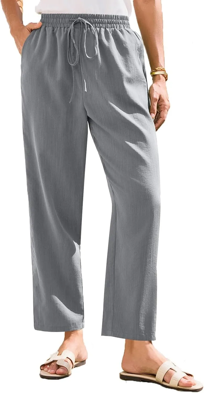 SGASY Women's Cotton Linen Straight Leg Pants Elastic Drawstring Casual Trousers with Pockets Summer Beach Lounge Trouser