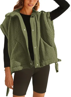 Sherpa Jacket for Women Casual Fleece Vest Oversized Sleeveless Outwear Warm Button Down Gilet with Pockets