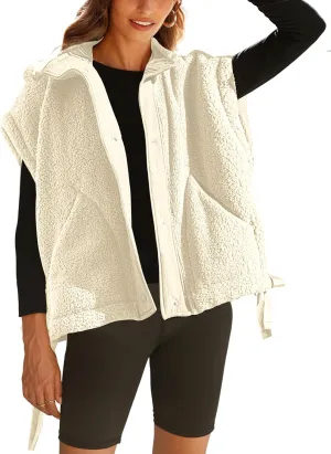 Sherpa Jacket for Women Casual Fleece Vest Oversized Sleeveless Outwear Warm Button Down Gilet with Pockets
