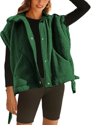 Sherpa Jacket for Women Casual Fleece Vest Oversized Sleeveless Outwear Warm Button Down Gilet with Pockets
